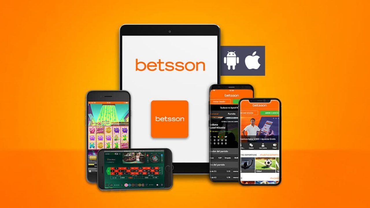 Dispositivos móviles mostrando la interfaz de la Betsson Argentina App, incluyendo apuestas deportivas y juegos de casino, sobre un fondo naranja. Se ven los logotipos de Android y Apple indicando disponibilidad en ambas plataformas.